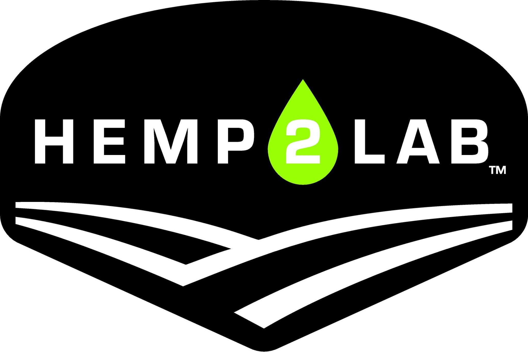 Logo for Hemp2Lab LLC features the words HEMP 2 LAB in white on black, with the 2 inside a green drop. Stylized white lines below evoke fields, highlighting their cannabis CBD processing equipment auction services.