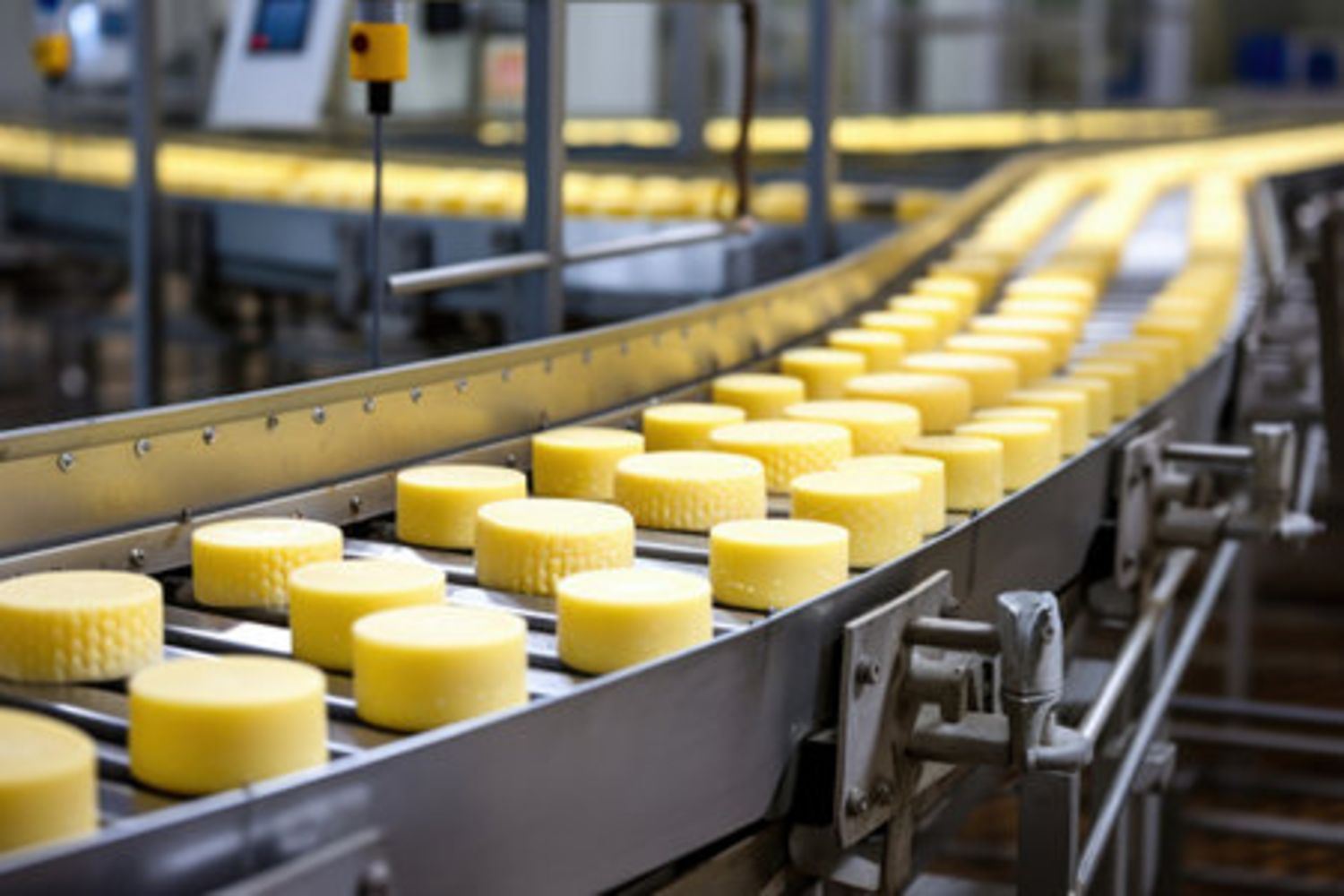 Rows of round yellow cheese wheels move along a stainless steel conveyor belt in a modern cheese production facility, showcasing equipment like Savage Bros Fire Mixers and Lee Kettles from the Brown & Haley: Confectionery Equipment Auction.