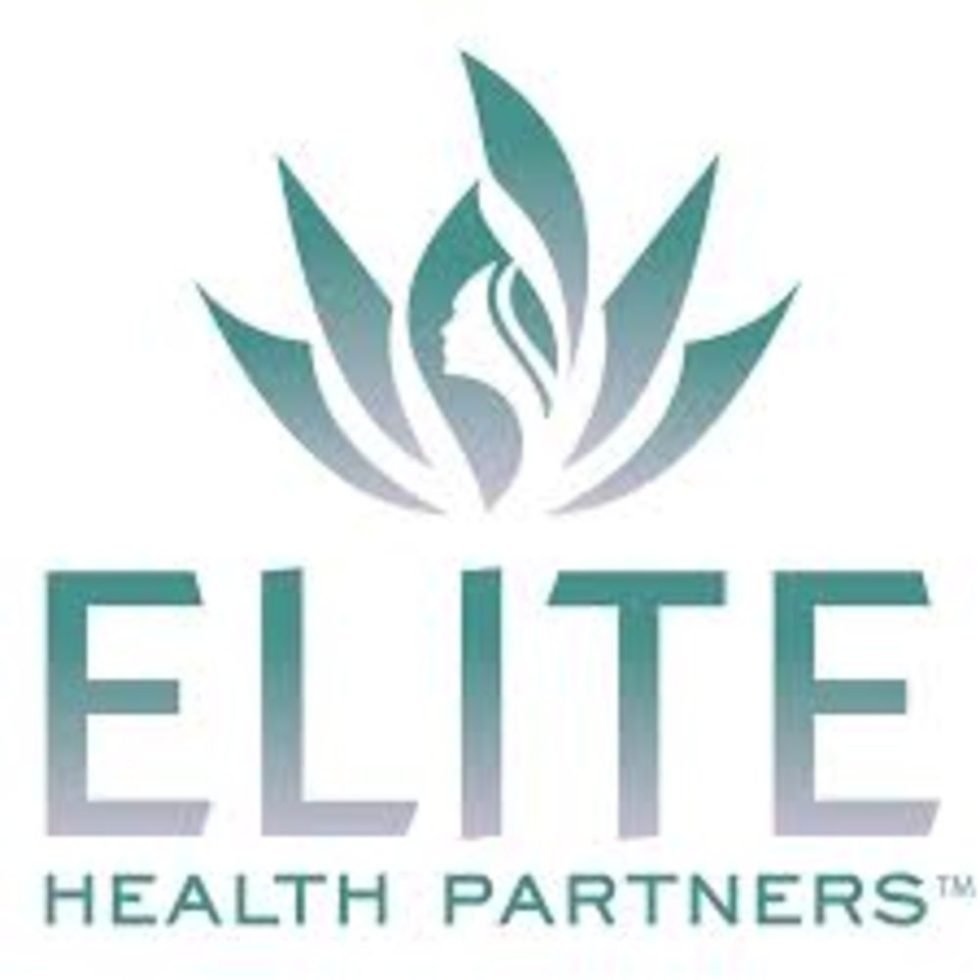 Logo for Elite Health Partners: Nutraceutical Liquid Bottle Filling Capping Labeling Line, featuring a stylized leaf with a female profile above ELITE HEALTH PARTNERS in bold gradient green-blue text.