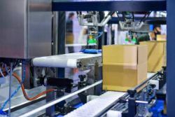 Automated robotic arms pack cardboard boxes on a conveyor belt in a modern facility, showcasing efficiency similar to what’s featured at the Quarterly Food and Beverage Packaging Equipment Auction.