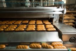 Rows of freshly baked bread loaves move along a conveyor belt inside an industrial bakery, showcasing the machinery often featured in the Quarterly Bakery and Snack Food and Packaging Equipment Auction.