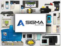 A collage of industrial automation equipment—controllers, drives, panels, and cables—surrounds a central white box with the Sigma Auction logo, highlighting 1000+ Lots Massive Industrial MRO Auction: Automation Parts, Sensors, Servo Drives & PLCs.