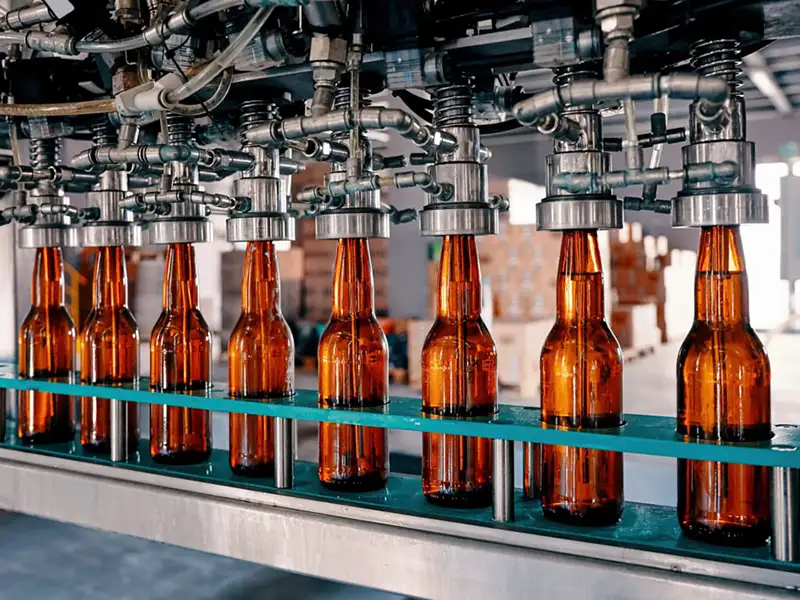A row of brown glass bottles on a conveyor belt is filled with liquid by metal nozzles in a beverage bottling factory equipped with advanced plant support equipment from PPT Research.
